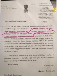 Bandaru Dettareya's Letter tp Smriti Irani Asking her to 'ensure' Punishment for Rohit and His Comrades